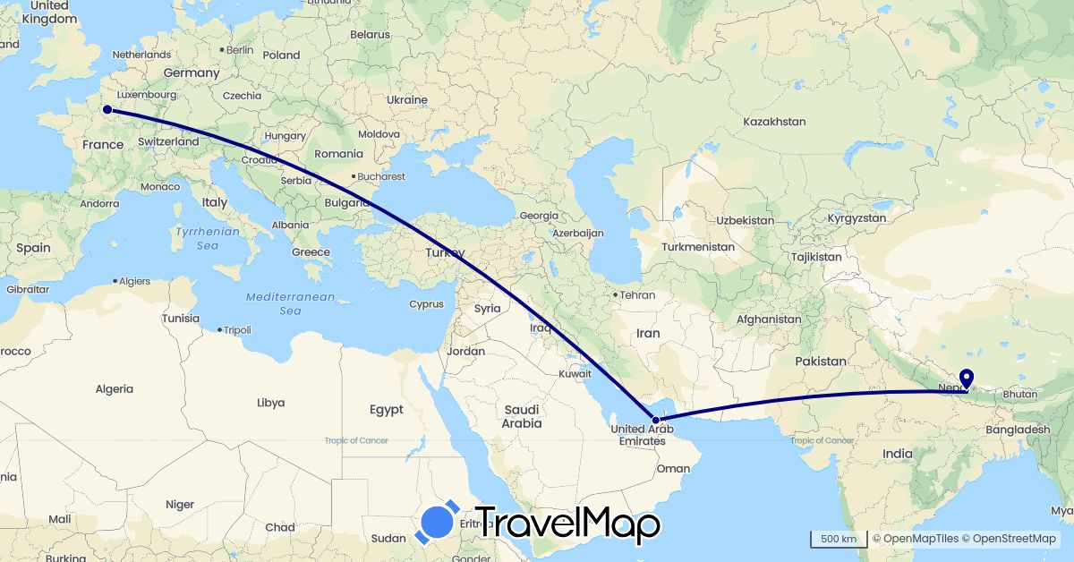 TravelMap itinerary: driving in United Arab Emirates, France, Nepal (Asia, Europe)